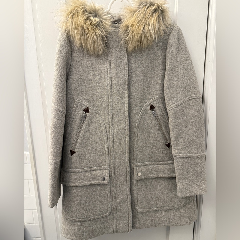 J. Crew Light Gray Utility Jacket with Faux Fur Trim